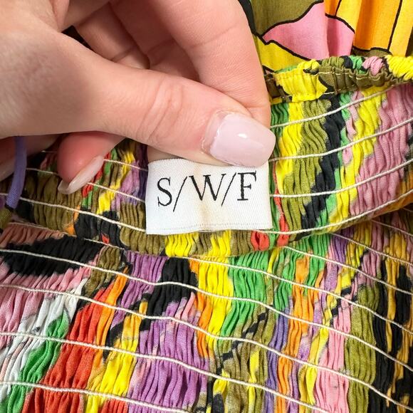 SWF Birds of Paradise A-Line Dress Smocked Square Neck Tie Shoulder Midi Floral - Picture 12 of 13